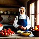 A wise, elderly Turkish woman with a gentle smile, in modest, traditional Anatolian attire including a headscarf and a clean apron, standing in a rustic, sunlit kitchen. A large wooden table is laden with an abundant display of fresh, seasonal vegetables like ripe tomatoes, vibrant peppers, and eggplants, alongside traditional earthenware bowls filled with homemade yogurt and glass jars of various pickles. Soft, warm natural light streams through a window, illuminating the authentic textures of the scene, creating a rich, timeless atmosphere. Professional studio photography, golden hour lighting, cinematic quality, incredibly detailed, realistic, vibrant colors, fully clothed, modest clothing, appropriate attire, professional dress, safe for work, appropriate content, family-friendly, perfect anatomy, correct proportions, natural pose, well-formed hands, proper finger count, natural body proportions.