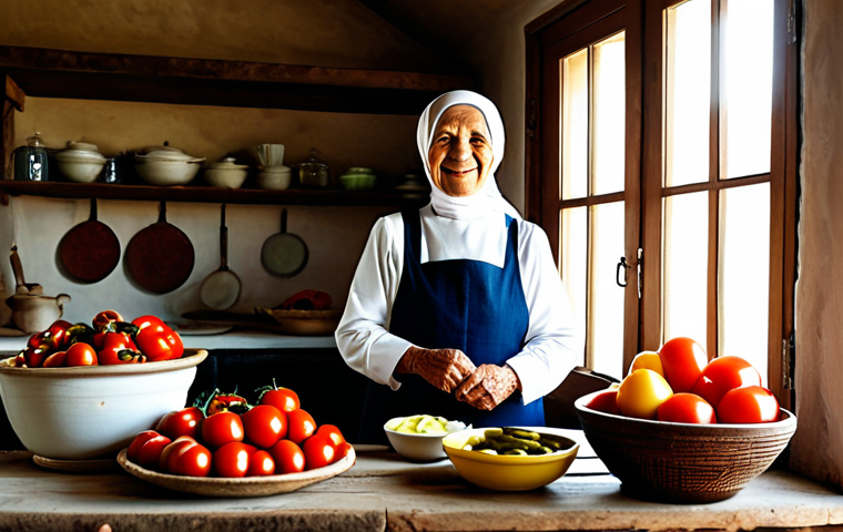 A wise, elderly Turkish woman with a gentle smile, in modest, traditional Anatolian attire including a headscarf and a clean apron, standing in a rustic, sunlit kitchen. A large wooden table is laden with an abundant display of fresh, seasonal vegetables like ripe tomatoes, vibrant peppers, and eggplants, alongside traditional earthenware bowls filled with homemade yogurt and glass jars of various pickles. Soft, warm natural light streams through a window, illuminating the authentic textures of the scene, creating a rich, timeless atmosphere. Professional studio photography, golden hour lighting, cinematic quality, incredibly detailed, realistic, vibrant colors, fully clothed, modest clothing, appropriate attire, professional dress, safe for work, appropriate content, family-friendly, perfect anatomy, correct proportions, natural pose, well-formed hands, proper finger count, natural body proportions.