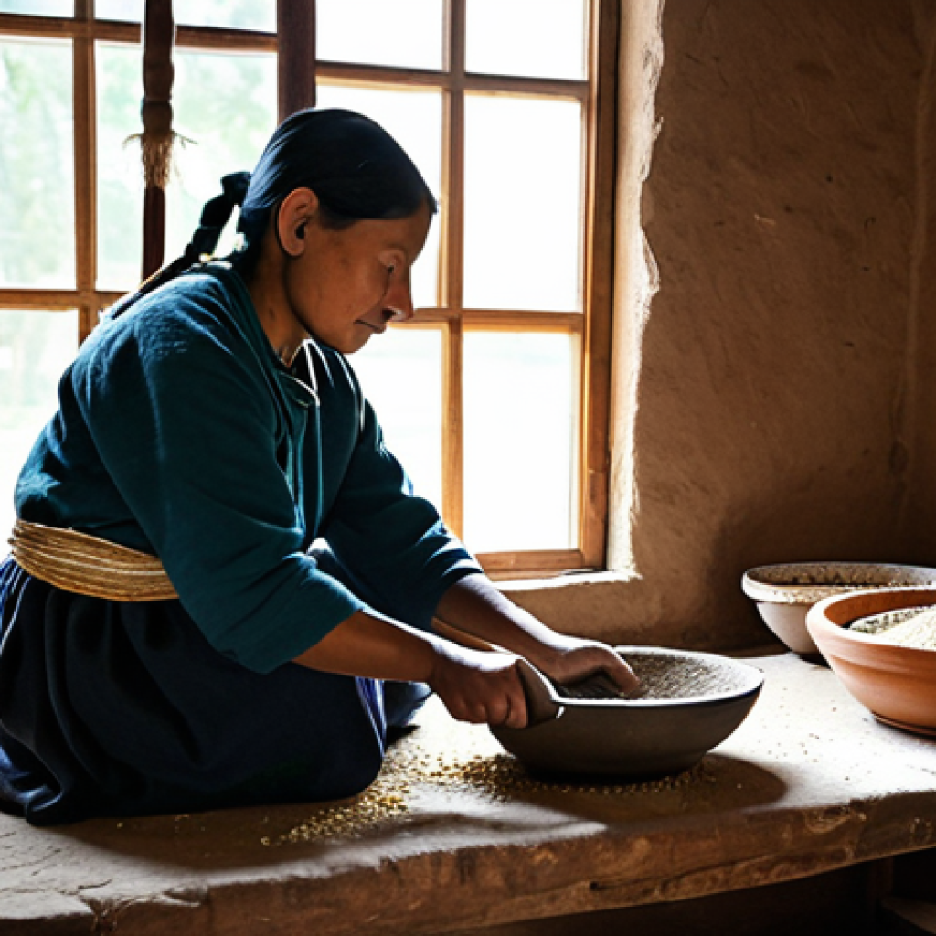 **
"A fully clothed Native American woman in modest, traditional clothing preparing cornmeal. She is grinding the corn with a stone mortar and pestle in a rustic, earthen-floored kitchen. The scene includes various earthenware pots and woven baskets filled with colorful dried herbs and vegetables. Soft, natural light streams through a window. Safe for work, appropriate content, perfect anatomy, natural proportions, professional, family-friendly."
**