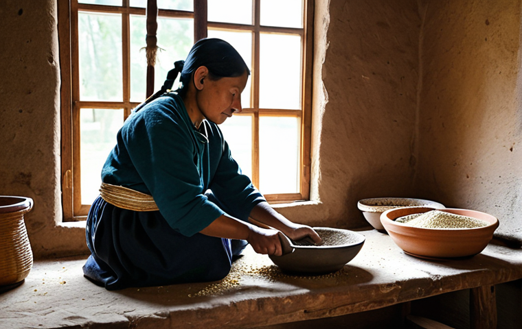 **
"A fully clothed Native American woman in modest, traditional clothing preparing cornmeal. She is grinding the corn with a stone mortar and pestle in a rustic, earthen-floored kitchen. The scene includes various earthenware pots and woven baskets filled with colorful dried herbs and vegetables. Soft, natural light streams through a window. Safe for work, appropriate content, perfect anatomy, natural proportions, professional, family-friendly."
**