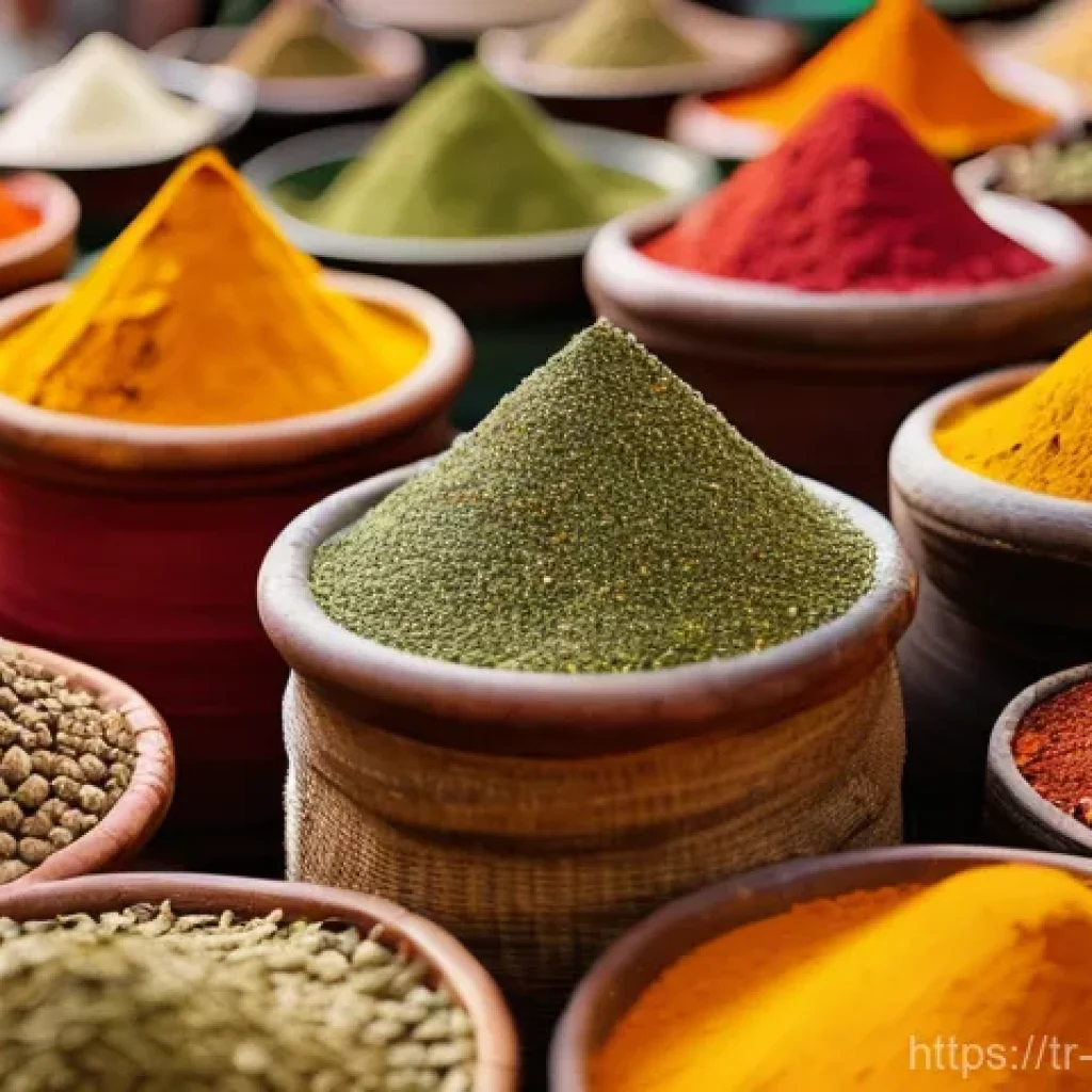 중동 음식의 역사적 뿌리 - **Prompt:** A vibrant, bustling Middle Eastern spice market. The image features large, colorful moun...