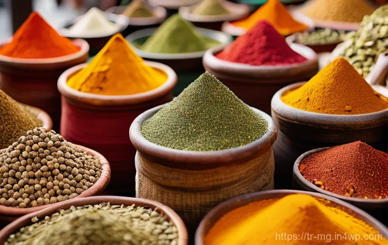 중동 음식의 역사적 뿌리 - **Prompt:** A vibrant, bustling Middle Eastern spice market. The image features large, colorful moun...