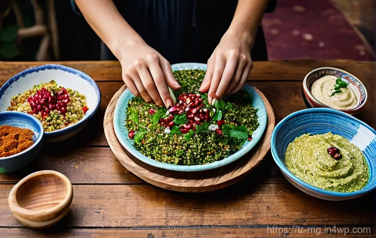 중동 음식의 역사적 뿌리 - **Prompt:** A vibrant, bustling Middle Eastern spice market. The image features large, colorful moun...