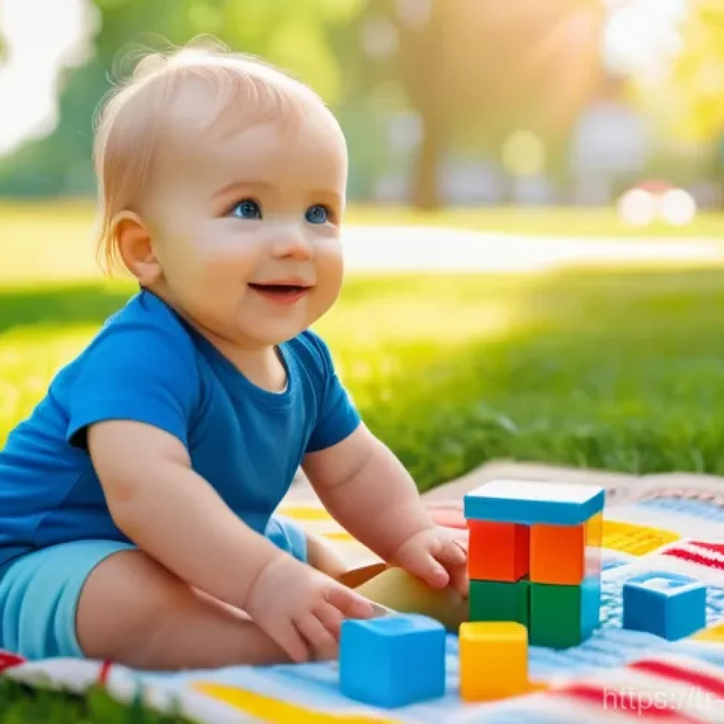 음식 역사에서의 포장 문화 - A serene outdoor scene featuring a happy toddler (wearing a clean diaper) playing gently with colorf...