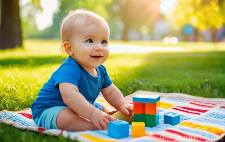 음식 역사에서의 포장 문화 - A serene outdoor scene featuring a happy toddler (wearing a clean diaper) playing gently with colorf...