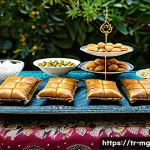 Home 21 전통 디저트의 기원과 발전 - A traditional Turkish dessert table set outdoors in a sunlit garden, featuring a variety of regional...