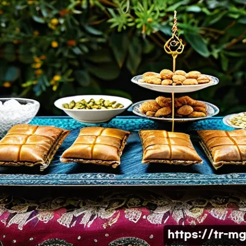 Home 33 전통 디저트의 기원과 발전 - A traditional Turkish dessert table set outdoors in a sunlit garden, featuring a variety of regional...