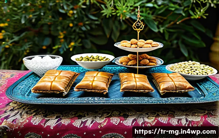 전통 디저트의 기원과 발전 - A traditional Turkish dessert table set outdoors in a sunlit garden, featuring a variety of regional...