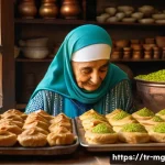 Home 19 음식 역사 속의 주요 사건들 - A vibrant traditional Turkish kitchen scene showcasing an elderly woman preparing Gaziantep pistachi...