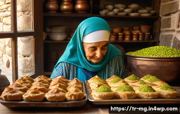음식 역사 속의 주요 사건들 - A vibrant traditional Turkish kitchen scene showcasing an elderly woman preparing Gaziantep pistachi...