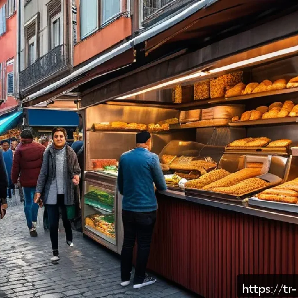 음식 역사 속의 대중문화 - A vibrant street food market scene in Istanbul, showcasing traditional Turkish street delicacies lik...