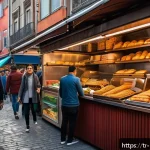 Home 23 음식 역사 속의 대중문화 - A vibrant street food market scene in Istanbul, showcasing traditional Turkish street delicacies lik...