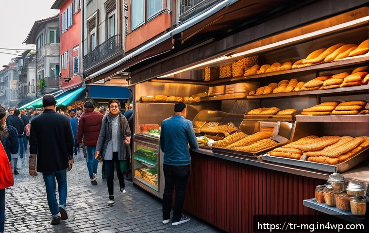 음식 역사 속의 대중문화 - A vibrant street food market scene in Istanbul, showcasing traditional Turkish street delicacies lik...