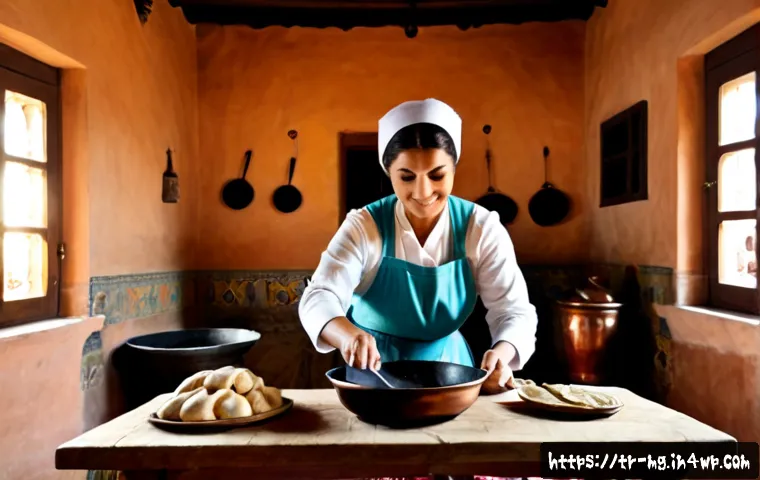 음식 역사 속의 남성과 여성의 역할 - Photorealistic historical Turkish kitchen in an Ottoman-era home, a woman carefully preparing dough ...